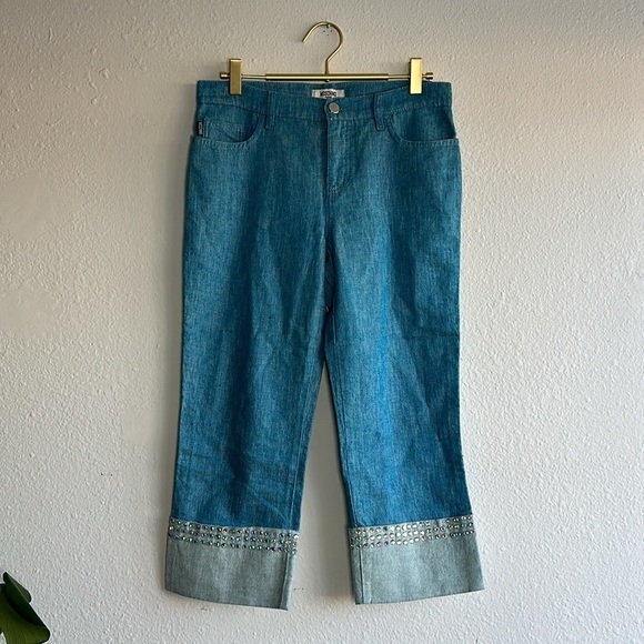 Moschino Cotton Linen Blend Blue Cropped Pants Rhinestone Cuff Sz.6 - Picture 6 of 11